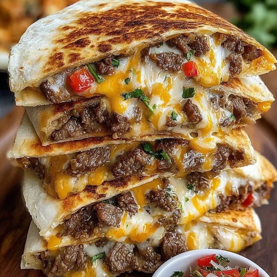 A tall stack of cheesy beef quesadillas with red peppers and cilantro, served with salsa.