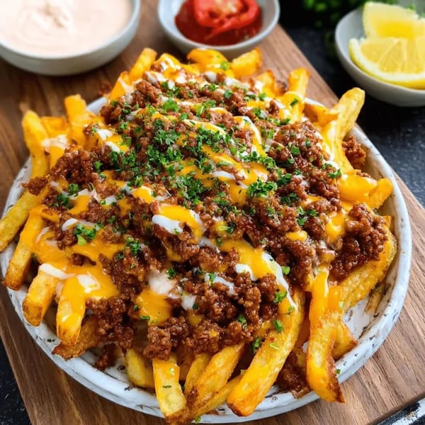Guac Island's loaded fries topped with seasoned ground beef, melted cheese, and fresh parsley.