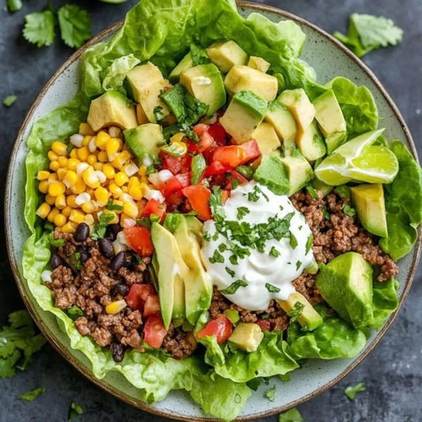 A vibrant Guac Island Mexican Grill taco salad with ground beef, corn, avocado, and sour cream.
